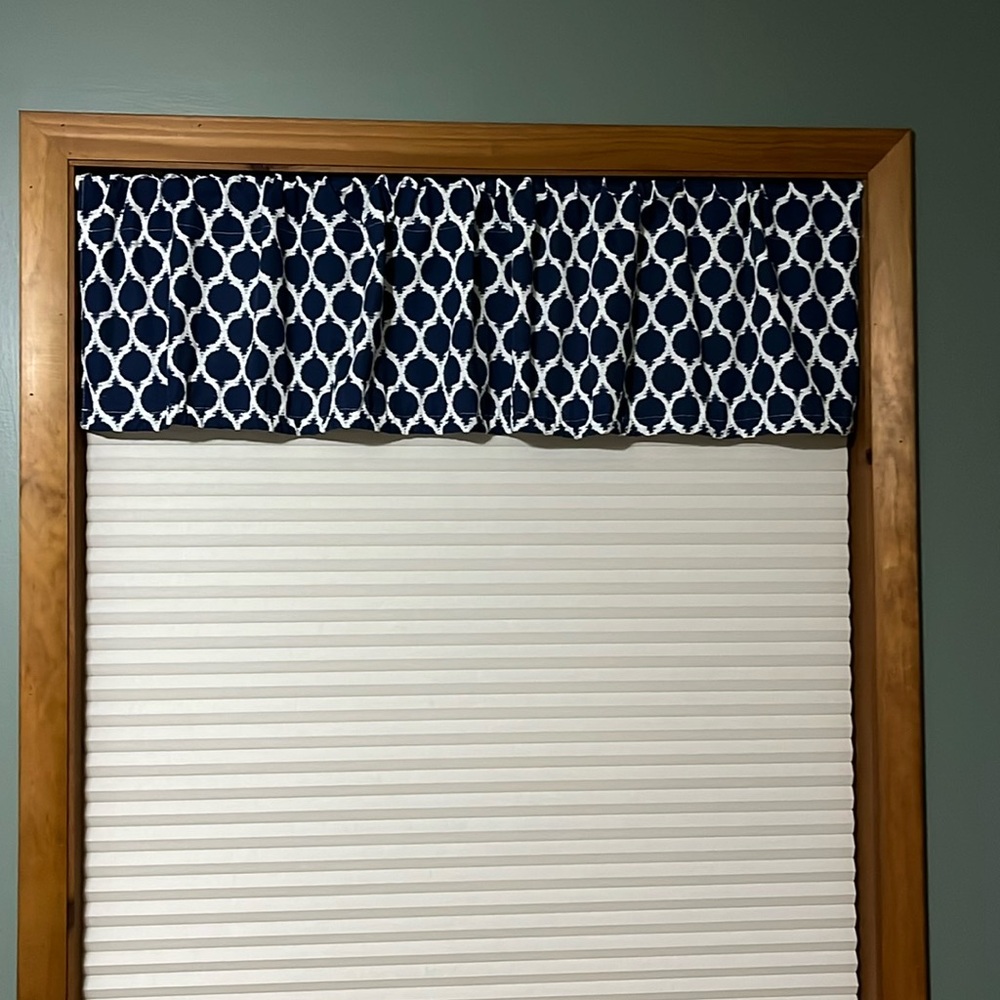 Window Valence, blue and white, 58”x14”, made by Colordrift,  LLC